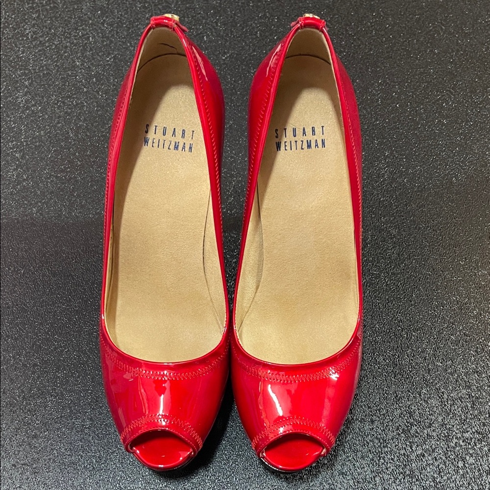 Stuart Weitzman Palace Glossy Red Quasar Peep Toe Heels Size 6.5